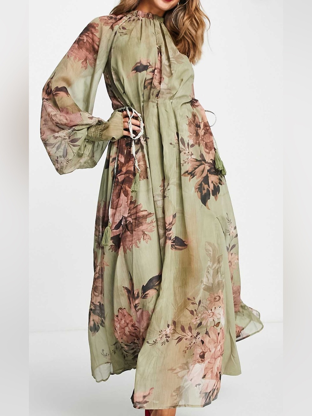 ASOS Floral Long Sleeve Midi Dress - Sage Green
